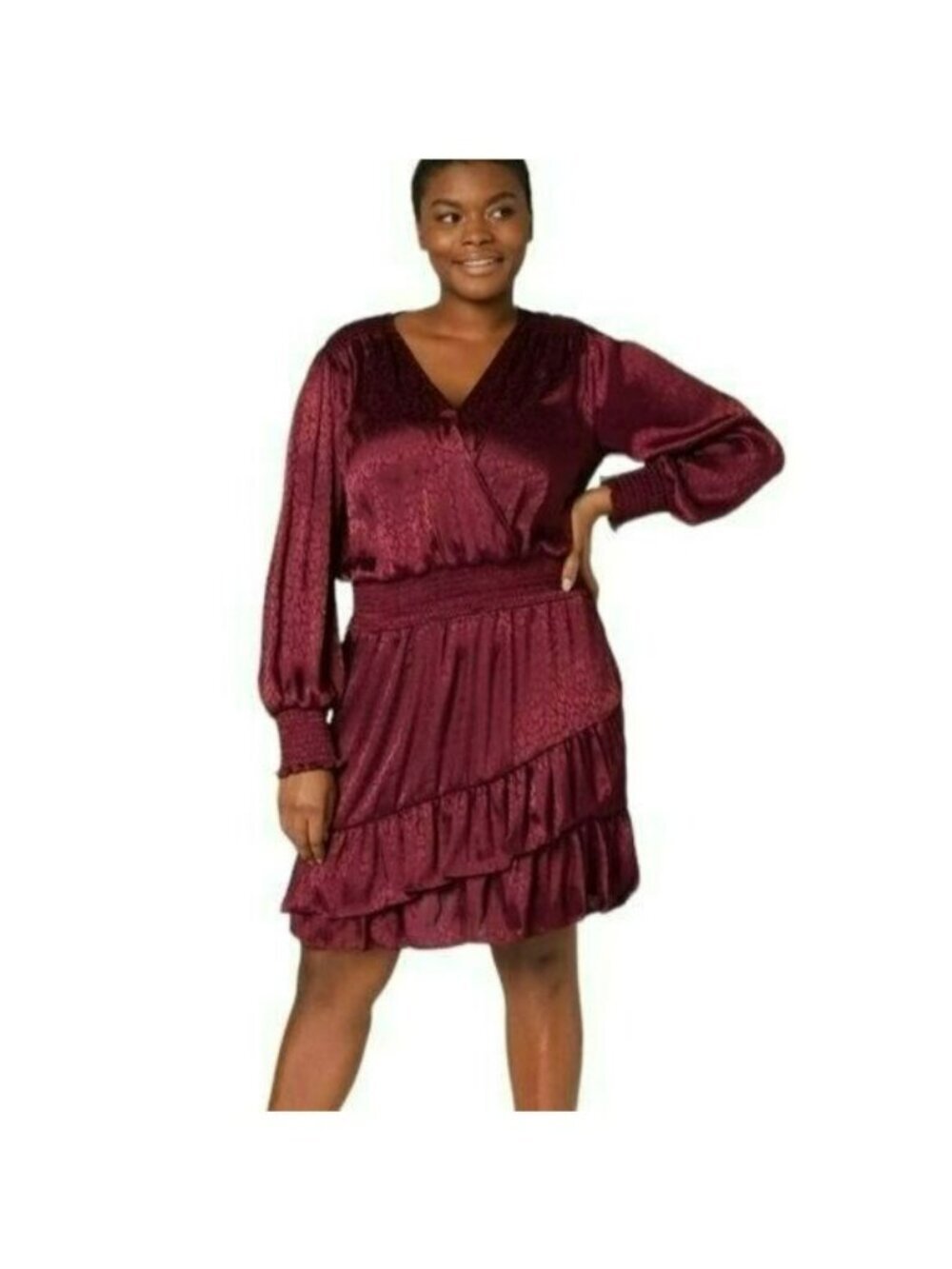 Michael Kors Size 1X Dress $165 Smocked Burgundy Cheetah Animal Print Ruffle NWT